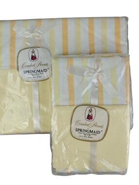 NEW Springmaid Combed Percale Double Bed Sheet & Pillowcases Set Yellow Striped